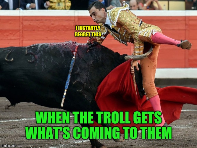 Bullfighter getting gored in crotch | I INSTANTLY REGRET THIS WHEN THE TROLL GETS WHAT'S COMING TO THEM | image tagged in bullfighter getting gored in crotch | made w/ Imgflip meme maker