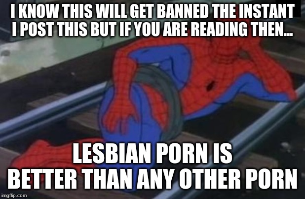 Sexy Railroad Spiderman Meme | I KNOW THIS WILL GET BANNED THE INSTANT I POST THIS BUT IF YOU ARE READING THEN... LESBIAN PORN IS BETTER THAN ANY OTHER PORN | image tagged in memes,sexy railroad spiderman,spiderman | made w/ Imgflip meme maker