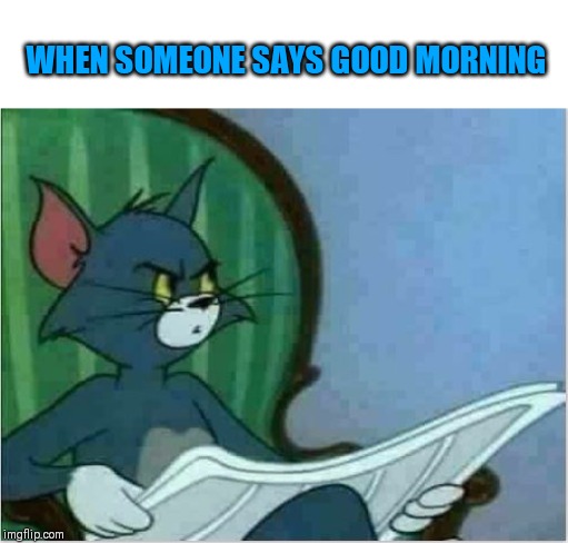 Good morning? No such thing (〒﹏〒) | WHEN SOMEONE SAYS GOOD MORNING | image tagged in interrupting tom's read | made w/ Imgflip meme maker