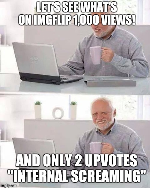My imgflip life | LET'S SEE WHAT'S ON IMGFLIP 1,000 VIEWS! AND ONLY 2 UPVOTES "INTERNAL SCREAMING" | image tagged in memes,hide the pain harold | made w/ Imgflip meme maker