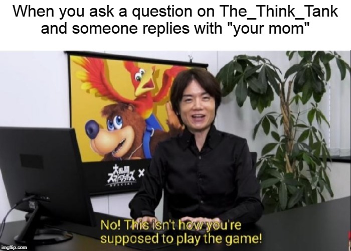 This isn't how you're supposed to play the game! | When you ask a question on The_Think_Tank and someone replies with "your mom" | image tagged in this isn't how you're supposed to play the game | made w/ Imgflip meme maker