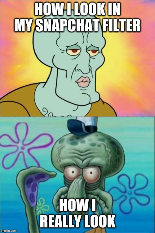 Squidward | HOW I LOOK IN MY SNAPCHAT FILTER; HOW I REALLY LOOK | image tagged in memes,squidward | made w/ Imgflip meme maker