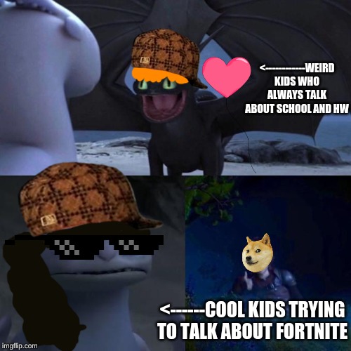 Don't try this at home | <------------WEIRD KIDS WHO ALWAYS TALK ABOUT SCHOOL AND HW; <------COOL KIDS TRYING TO TALK ABOUT FORTNITE | image tagged in fortnite | made w/ Imgflip meme maker