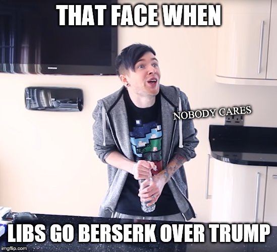 Crazy DanTDM | THAT FACE WHEN; NOBODY CARES; LIBS GO BERSERK OVER TRUMP | image tagged in crazy dantdm | made w/ Imgflip meme maker