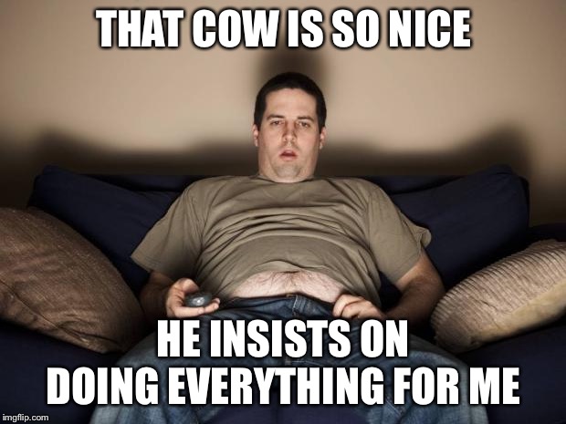 lazy fat guy on the couch | THAT COW IS SO NICE HE INSISTS ON DOING EVERYTHING FOR ME | image tagged in lazy fat guy on the couch | made w/ Imgflip meme maker