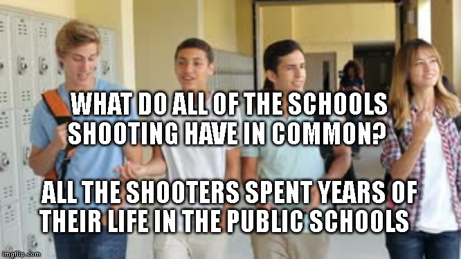 Me and the boys | WHAT DO ALL OF THE SCHOOLS SHOOTING HAVE IN COMMON?                              ALL THE SHOOTERS SPENT YEARS OF THEIR LIFE IN THE PUBLIC SCHOOLS | image tagged in me and the boys | made w/ Imgflip meme maker