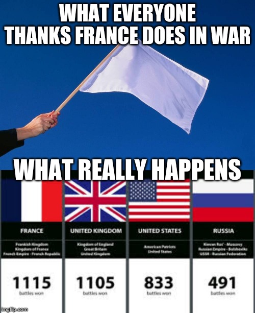  WHAT EVERYONE THANKS FRANCE DOES IN WAR; WHAT REALLY HAPPENS | image tagged in white flag | made w/ Imgflip meme maker