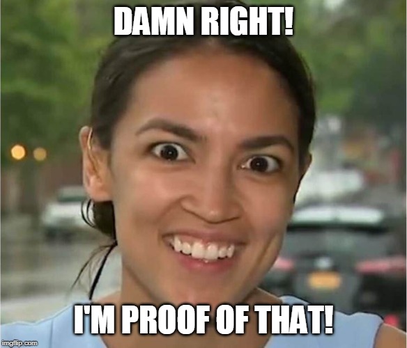 Alexandria Ocasio-Cortez looking "high" | DAMN RIGHT! I'M PROOF OF THAT! | image tagged in alexandria ocasio-cortez looking high | made w/ Imgflip meme maker