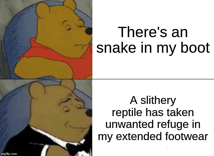 Tuxedo Winnie The Pooh Meme | There's an snake in my boot; A slithery reptile has taken unwanted refuge in my extended footwear | image tagged in memes,tuxedo winnie the pooh | made w/ Imgflip meme maker