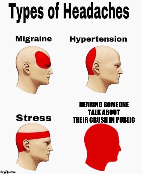 If people could stop talking about their crush to the internet and public that would be great | HEARING SOMEONE TALK ABOUT THEIR CRUSH IN PUBLIC | image tagged in headaches,crush,public,that would be great,internet | made w/ Imgflip meme maker