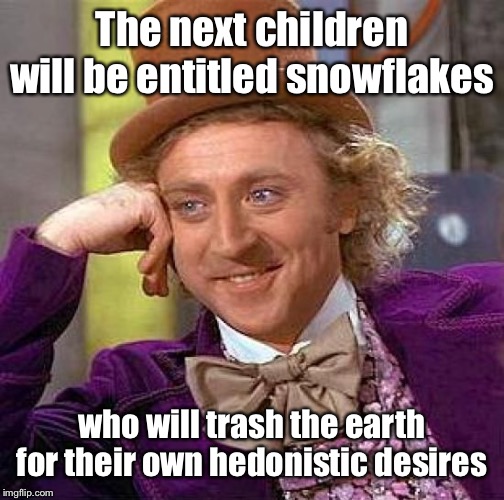 Creepy Condescending Wonka Meme | The next children will be entitled snowflakes who will trash the earth for their own hedonistic desires | image tagged in memes,creepy condescending wonka | made w/ Imgflip meme maker