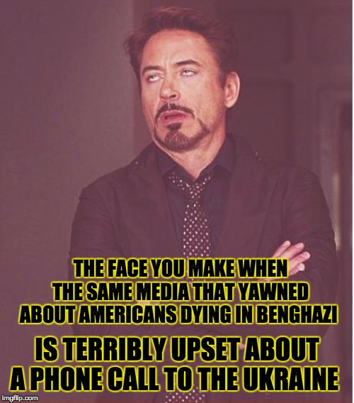 Face You Make Robert Downey Jr | THE FACE YOU MAKE WHEN THE SAME MEDIA THAT YAWNED ABOUT AMERICANS DYING IN BENGHAZI; IS TERRIBLY UPSET ABOUT A PHONE CALL TO THE UKRAINE | image tagged in memes,face you make robert downey jr | made w/ Imgflip meme maker