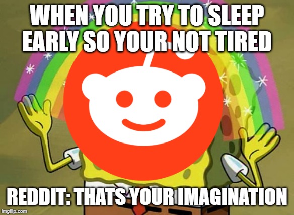 WHEN YOU TRY TO SLEEP EARLY SO YOUR NOT TIRED; REDDIT: THATS YOUR IMAGINATION | image tagged in reddit | made w/ Imgflip meme maker