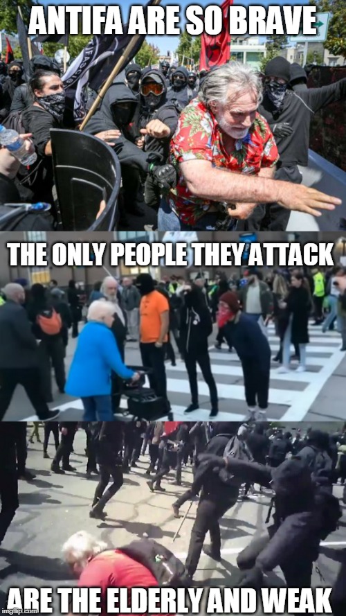 ANTIFA COWARDS | ANTIFA ARE SO BRAVE; THE ONLY PEOPLE THEY ATTACK; ARE THE ELDERLY AND WEAK | image tagged in antifa,cowards | made w/ Imgflip meme maker