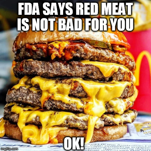 Burger | FDA SAYS RED MEAT IS NOT BAD FOR YOU; OK! | image tagged in burger | made w/ Imgflip meme maker