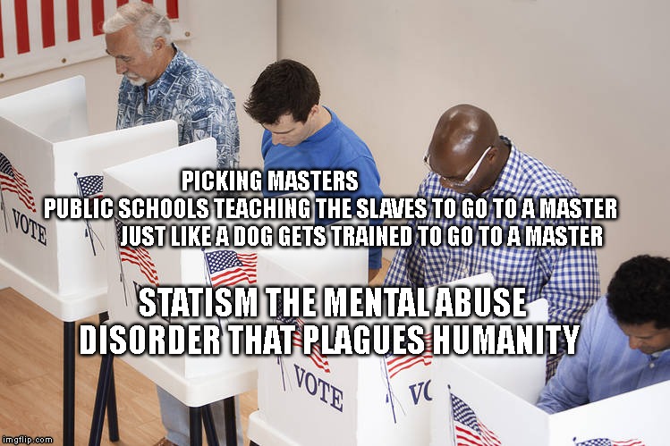 Voters | PICKING MASTERS                              PUBLIC SCHOOLS TEACHING THE SLAVES TO GO TO A MASTER                JUST LIKE A DOG GETS TRAINED TO GO TO A MASTER; STATISM THE MENTAL ABUSE DISORDER THAT PLAGUES HUMANITY | image tagged in voters | made w/ Imgflip meme maker