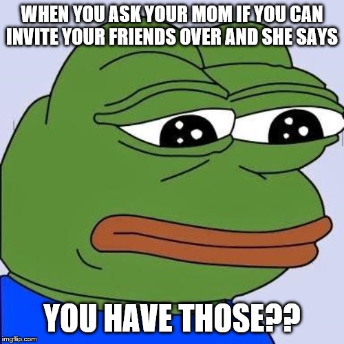 pepe | WHEN YOU ASK YOUR MOM IF YOU CAN INVITE YOUR FRIENDS OVER AND SHE SAYS; YOU HAVE THOSE?? | image tagged in pepe | made w/ Imgflip meme maker