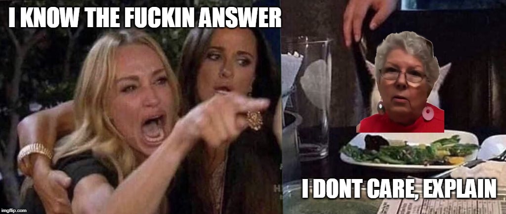 woman yelling at cat | I KNOW THE F**KIN ANSWER I DONT CARE, EXPLAIN | image tagged in woman yelling at cat | made w/ Imgflip meme maker