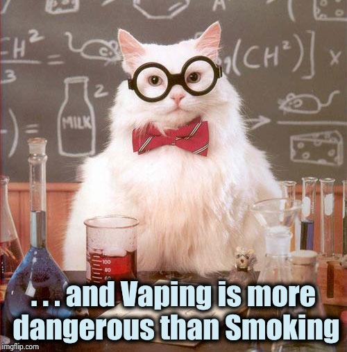 Science Cat | . . . and Vaping is more
 dangerous than Smoking | image tagged in science cat | made w/ Imgflip meme maker