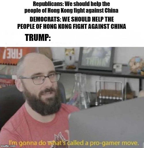 Pro Gamer move | Republicans: We should help the people of Hong Kong fight against China; DEMOCRATS: WE SHOULD HELP THE PEOPLE OF HONG KONG FIGHT AGAINST CHINA; TRUMP: | image tagged in pro gamer move | made w/ Imgflip meme maker