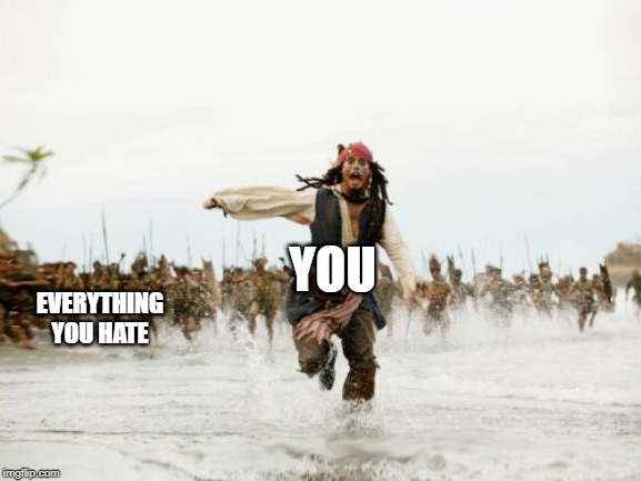 Jack Sparrow Being Chased Meme | YOU; EVERYTHING YOU HATE | image tagged in memes,jack sparrow being chased | made w/ Imgflip meme maker