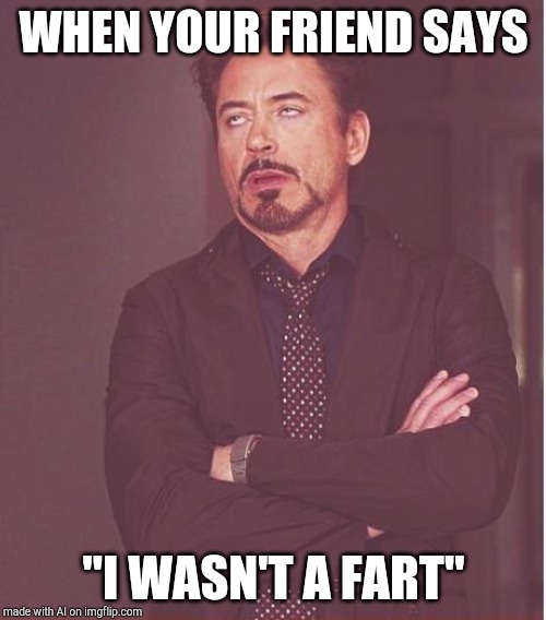 Face You Make Robert Downey Jr Meme | WHEN YOUR FRIEND SAYS; "I WASN'T A FART" | image tagged in memes,face you make robert downey jr,fart,farting,iron man,the avengers | made w/ Imgflip meme maker