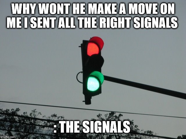traffic lights | WHY WONT HE MAKE A MOVE ON ME I SENT ALL THE RIGHT SIGNALS; : THE SIGNALS | image tagged in traffic lights | made w/ Imgflip meme maker