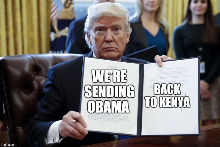 Donald Trump Executive Order | BACK TO KENYA; WE'RE SENDING OBAMA | image tagged in donald trump executive order | made w/ Imgflip meme maker