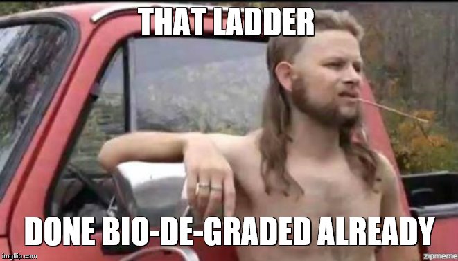 almost politically correct redneck | THAT LADDER DONE BIO-DE-GRADED ALREADY | image tagged in almost politically correct redneck | made w/ Imgflip meme maker