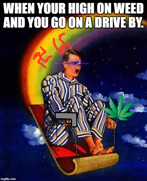 Random Hitler | WHEN YOUR HIGH ON WEED AND YOU GO ON A DRIVE BY. | image tagged in random hitler | made w/ Imgflip meme maker