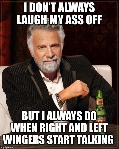 The Most Interesting Man In The World | I DON’T ALWAYS LAUGH MY ASS OFF; BUT I ALWAYS DO WHEN RIGHT AND LEFT WINGERS START TALKING | image tagged in memes,the most interesting man in the world | made w/ Imgflip meme maker