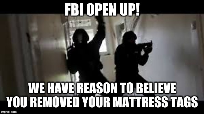 What a crime! | FBI OPEN UP! WE HAVE REASON TO BELIEVE YOU REMOVED YOUR MATTRESS TAGS | image tagged in fun,fbi investigation | made w/ Imgflip meme maker
