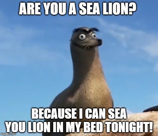 Desperate | ARE YOU A SEA LION? BECAUSE I CAN SEA YOU LION IN MY BED TONIGHT! | image tagged in gerald the sea lion | made w/ Imgflip meme maker