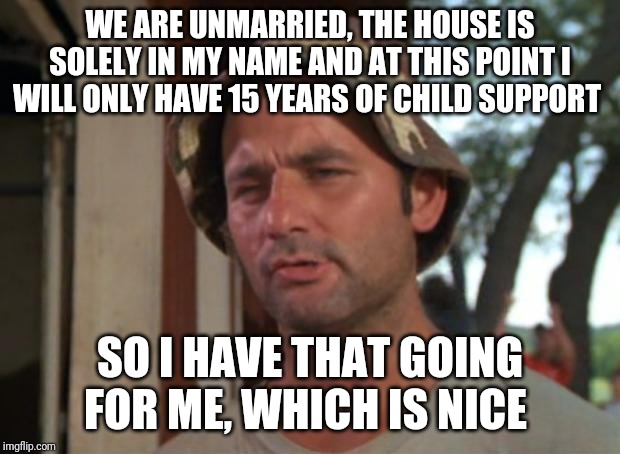 So I Got That Goin For Me Which Is Nice | WE ARE UNMARRIED, THE HOUSE IS SOLELY IN MY NAME AND AT THIS POINT I WILL ONLY HAVE 15 YEARS OF CHILD SUPPORT; SO I HAVE THAT GOING FOR ME, WHICH IS NICE | image tagged in memes,so i got that goin for me which is nice | made w/ Imgflip meme maker