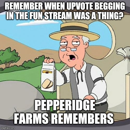 Pepperidge Farm Remembers | REMEMBER WHEN UPVOTE BEGGING IN THE FUN STREAM WAS A THING? PEPPERIDGE FARMS REMEMBERS | image tagged in memes,pepperidge farm remembers | made w/ Imgflip meme maker