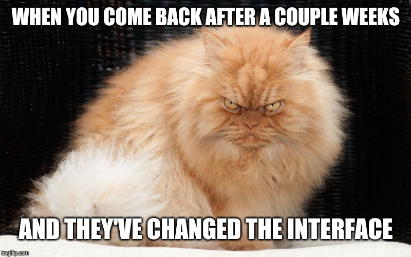 Angry Cat | WHEN YOU COME BACK AFTER A COUPLE WEEKS; AND THEY'VE CHANGED THE INTERFACE | image tagged in angry cat | made w/ Imgflip meme maker
