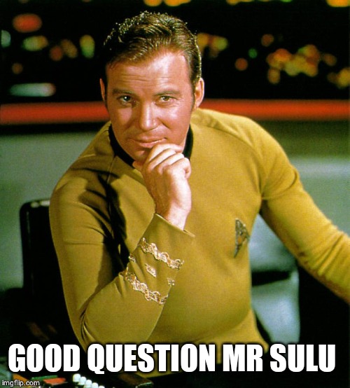 captain kirk | GOOD QUESTION MR SULU | image tagged in captain kirk | made w/ Imgflip meme maker