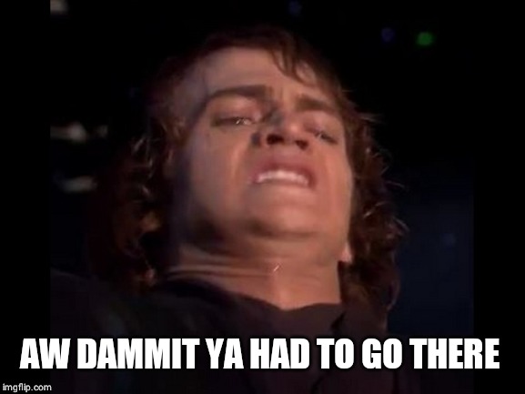 Anakin Skywalker Face | AW DAMMIT YA HAD TO GO THERE | image tagged in anakin skywalker face | made w/ Imgflip meme maker