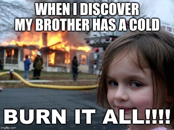 Disaster Girl Meme | WHEN I DISCOVER MY BROTHER HAS A COLD; BURN IT ALL!!!! | image tagged in memes,disaster girl | made w/ Imgflip meme maker