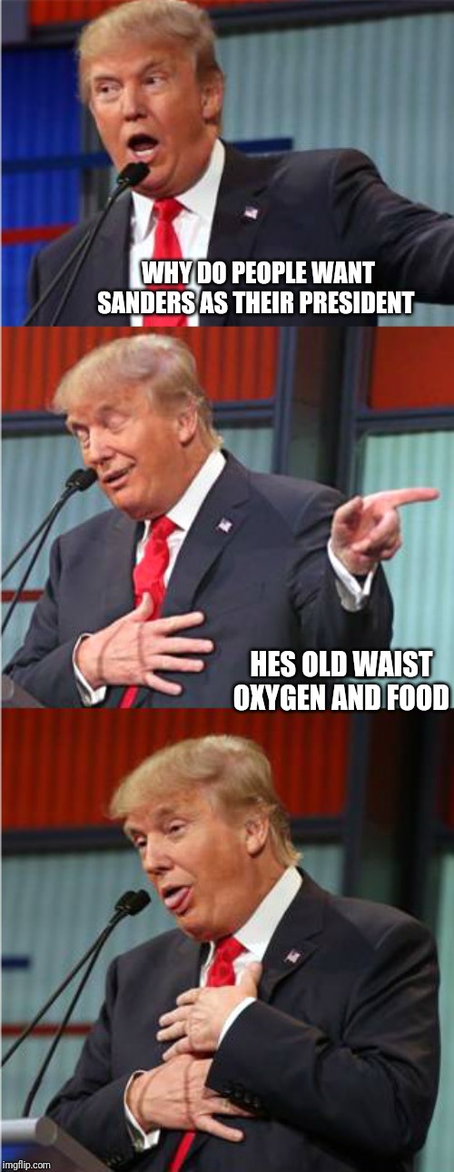 Bad Pun Trump | WHY DO PEOPLE WANT SANDERS AS THEIR PRESIDENT; HES OLD WAIST OXYGEN AND FOOD | image tagged in bad pun trump | made w/ Imgflip meme maker