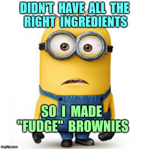 Now We're Cookin'! | DIDN'T  HAVE  ALL  THE
 RIGHT  INGREDIENTS; SO  I  MADE  "FUDGE"  BROWNIES | image tagged in minion meme,rick75230,cooking,brownies | made w/ Imgflip meme maker