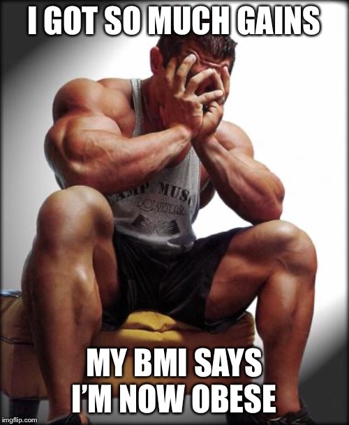 Depressed Bodybuilder | I GOT SO MUCH GAINS; MY BMI SAYS I’M NOW OBESE | image tagged in depressed bodybuilder | made w/ Imgflip meme maker