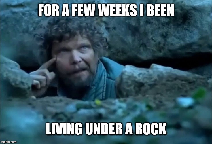 Living Under a Rock | FOR A FEW WEEKS I BEEN; LIVING UNDER A ROCK | image tagged in living under a rock | made w/ Imgflip meme maker