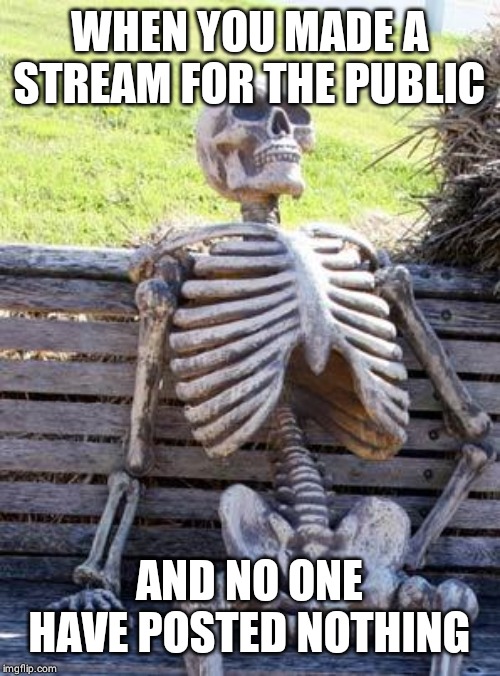 Waiting Skeleton Meme | WHEN YOU MADE A STREAM FOR THE PUBLIC; AND NO ONE HAVE POSTED NOTHING | image tagged in memes,waiting skeleton | made w/ Imgflip meme maker