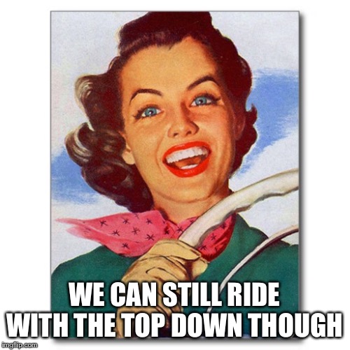 Vintage '50s woman driver | WE CAN STILL RIDE WITH THE TOP DOWN THOUGH | image tagged in vintage '50s woman driver | made w/ Imgflip meme maker