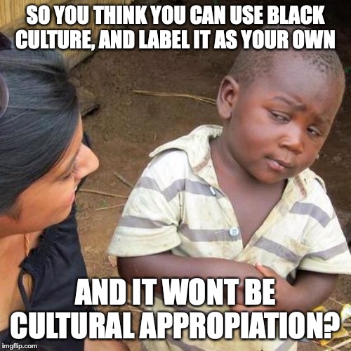 Third World Skeptical Kid | SO YOU THINK YOU CAN USE BLACK CULTURE, AND LABEL IT AS YOUR OWN; AND IT WONT BE CULTURAL APPROPIATION? | image tagged in memes,third world skeptical kid | made w/ Imgflip meme maker