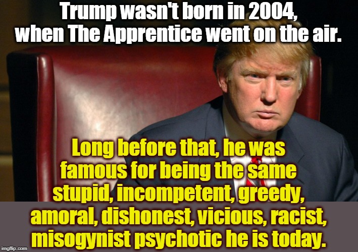 New Yorkers have always known. You're just late to the party. | Trump wasn't born in 2004, when The Apprentice went on the air. Long before that, he was famous for being the same stupid, incompetent, greedy, amoral, dishonest, vicious, racist, misogynist psychotic he is today. | image tagged in trump,the apprentice,incompetence,greed,liar,psychotic | made w/ Imgflip meme maker