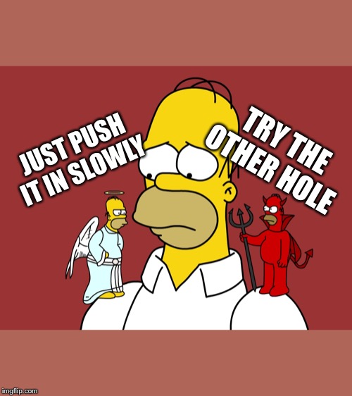 choices choices | TRY THE OTHER HOLE; JUST PUSH IT IN SLOWLY | image tagged in choices choices | made w/ Imgflip meme maker