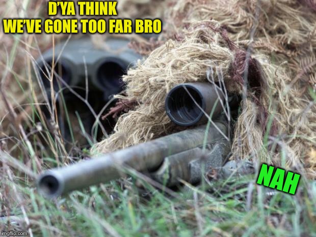 British Sniper Team | D’YA THINK WE’VE GONE TOO FAR BRO NAH | image tagged in british sniper team | made w/ Imgflip meme maker