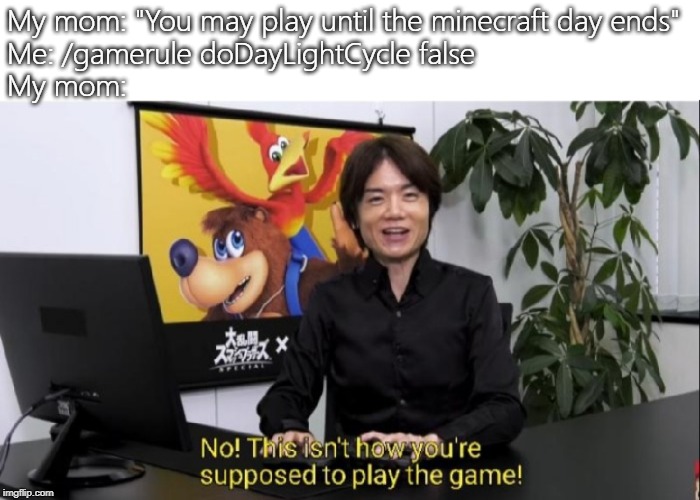 This isn't how you're supposed to play the game! | My mom: "You may play until the minecraft day ends"
Me: /gamerule doDayLightCycle false
My mom: | image tagged in this isn't how you're supposed to play the game | made w/ Imgflip meme maker